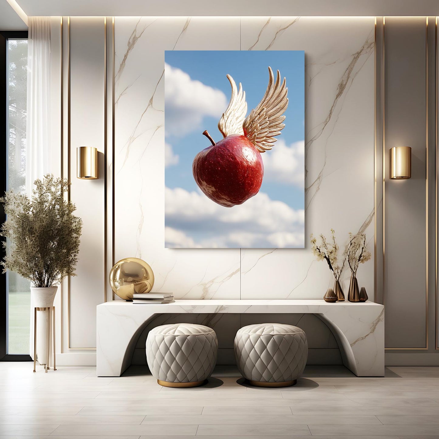 Winged Sky Apple Canvas – styled in a furnished interior