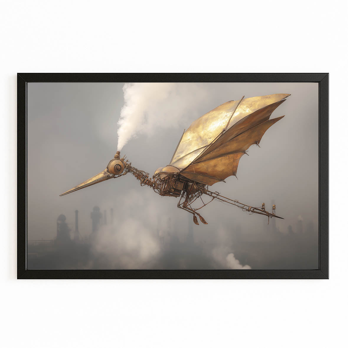Winged Sky Fish Steampunk Art – with Premium Black frame on white background