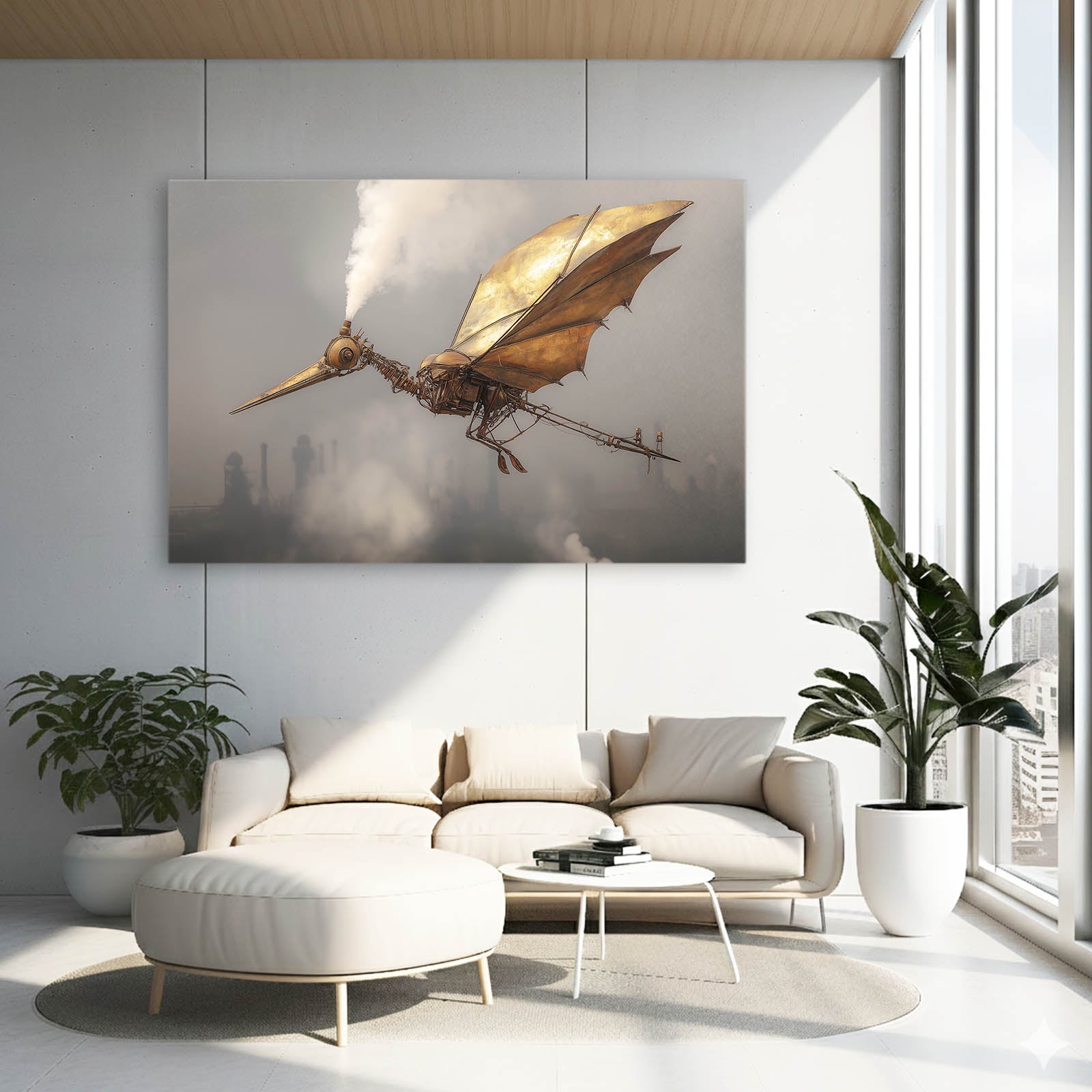 Winged Sky Fish Steampunk Art – styled in a furnished interior