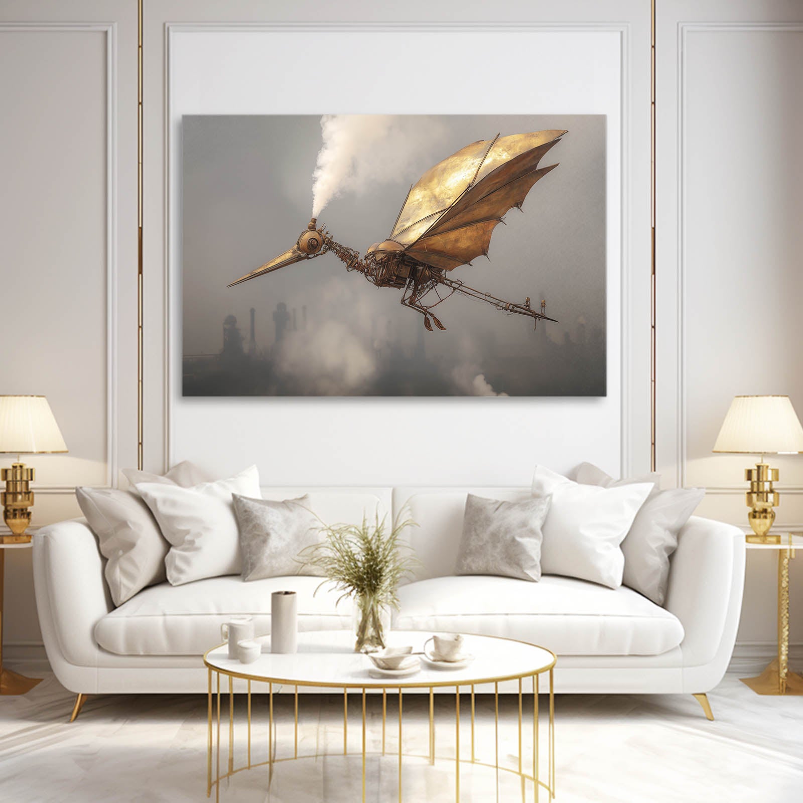 Winged Sky Fish Steampunk Art – styled in a furnished interior