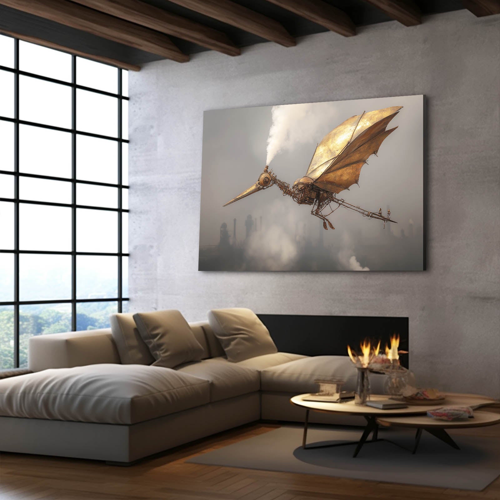 Winged Sky Fish Steampunk Art – styled in a furnished interior