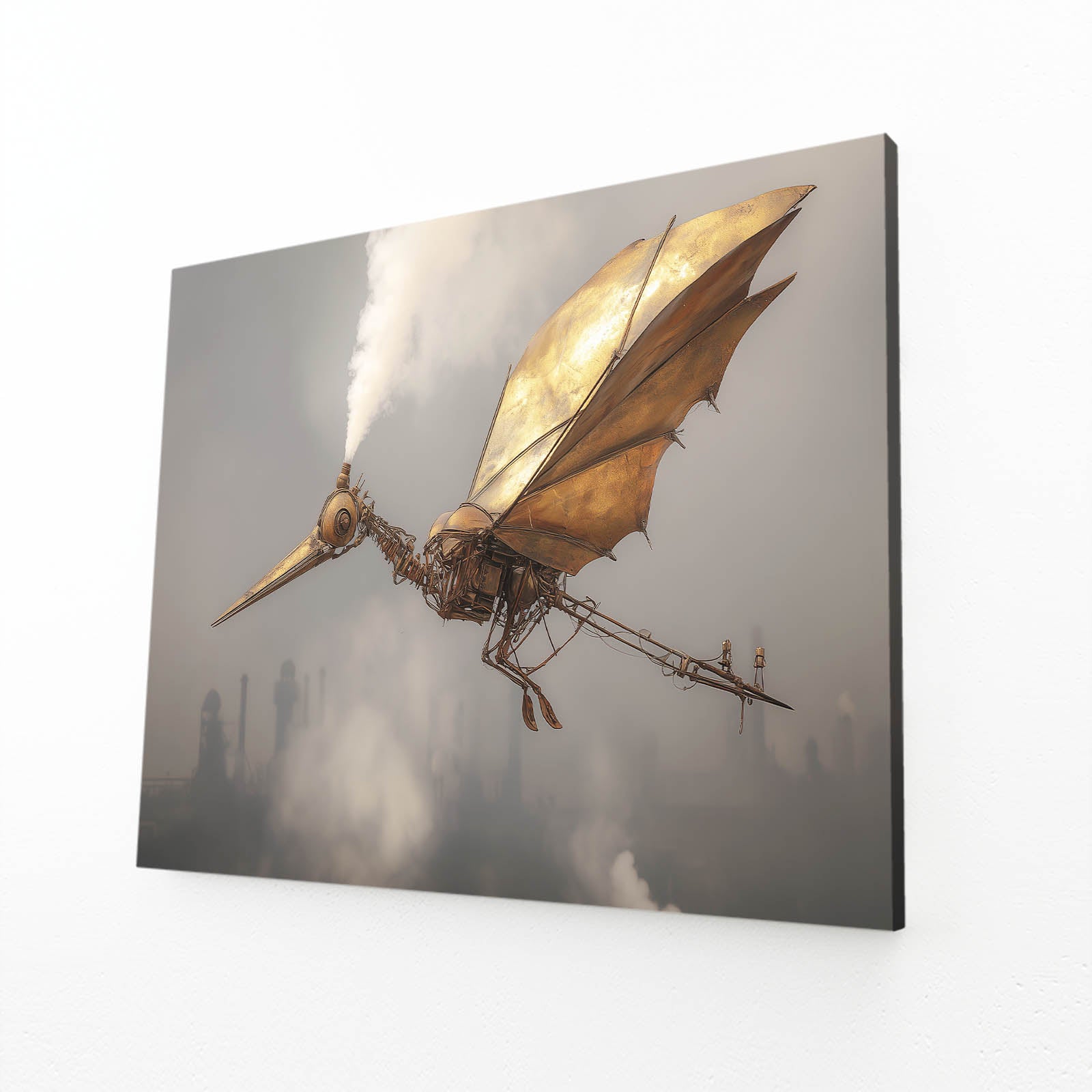 Winged Sky Fish Steampunk Art – angled canvas view on white background