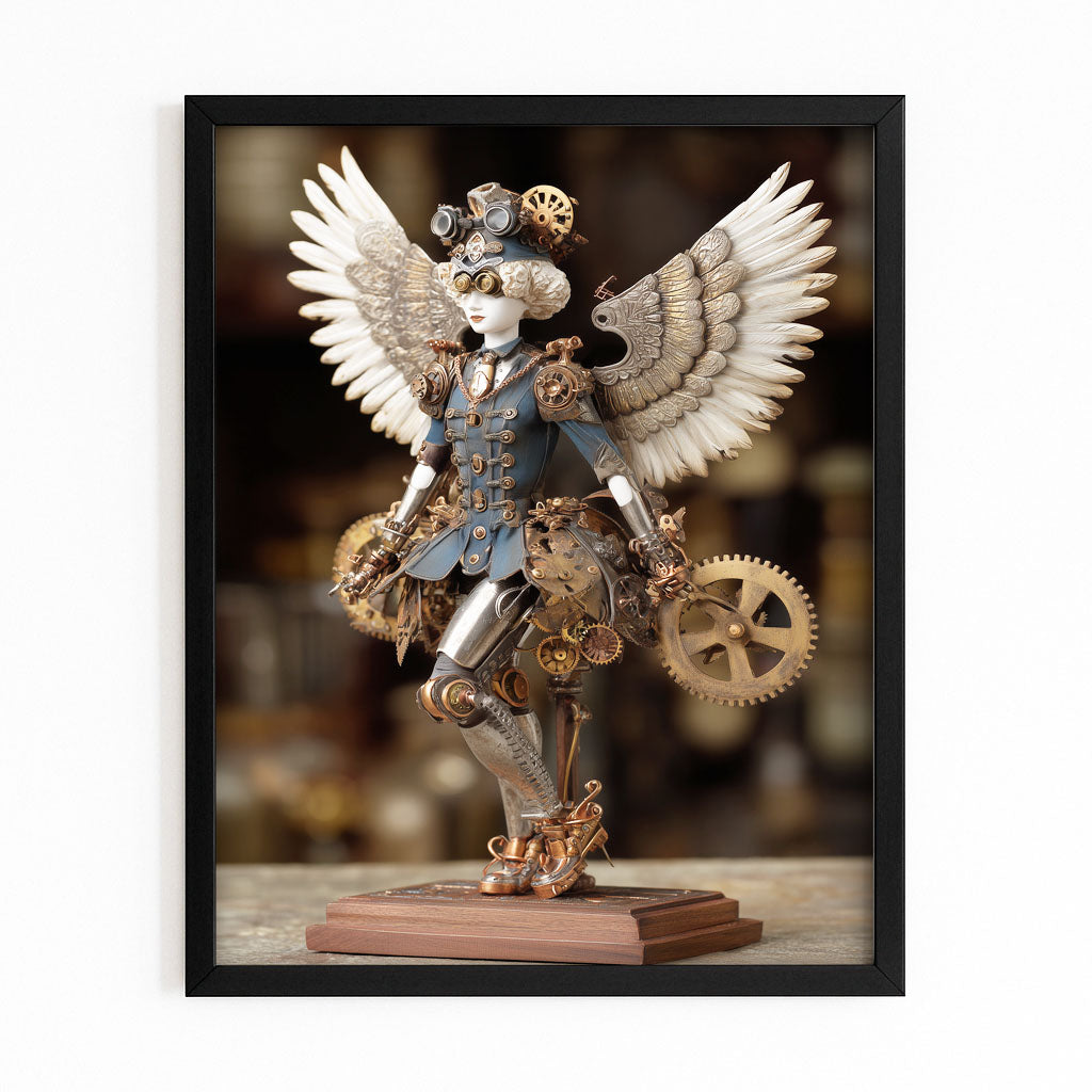 Winged Toy Bear Steampunk Prints – with Premium Black frame on white background