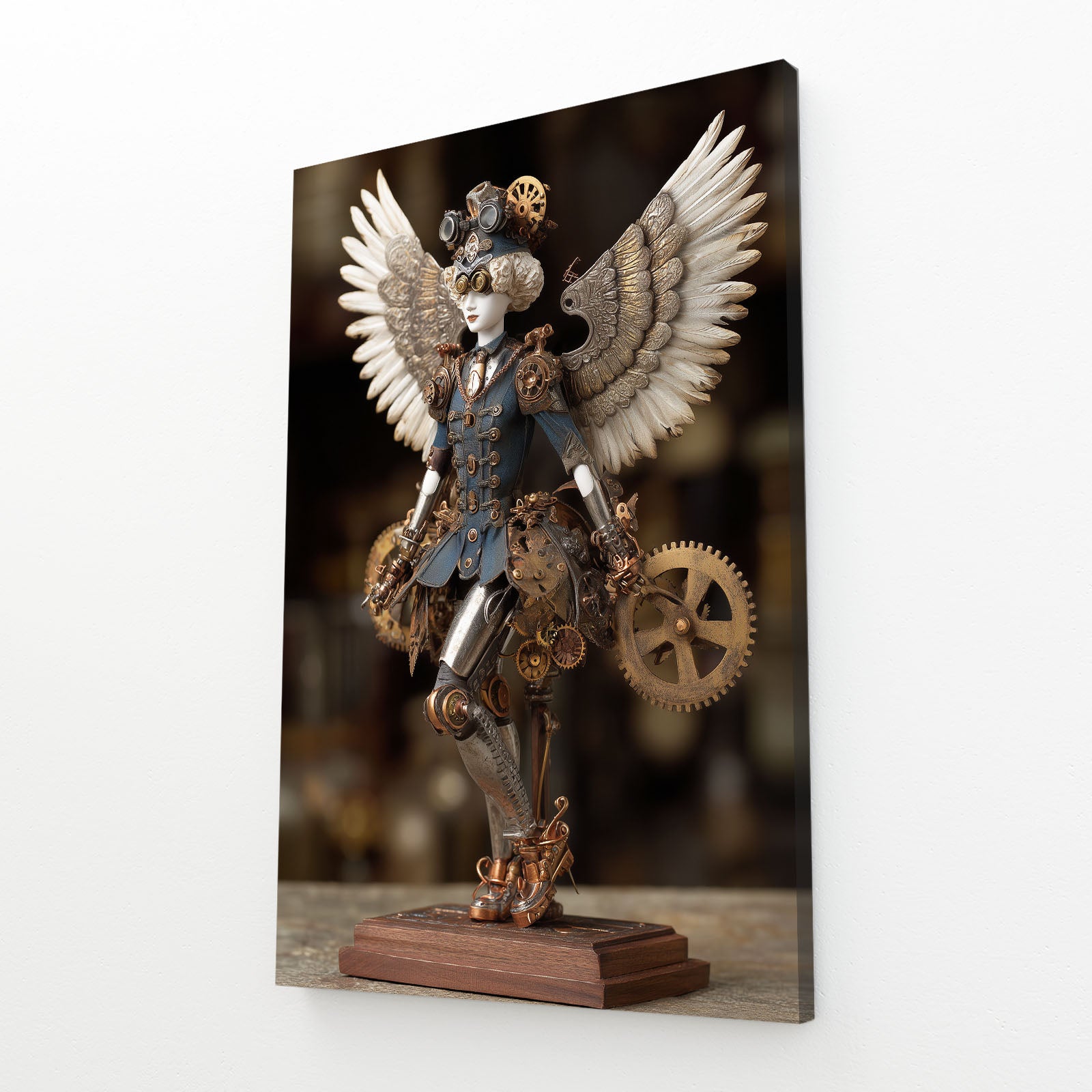 Winged Toy Bear Steampunk Prints – angled canvas view on white background