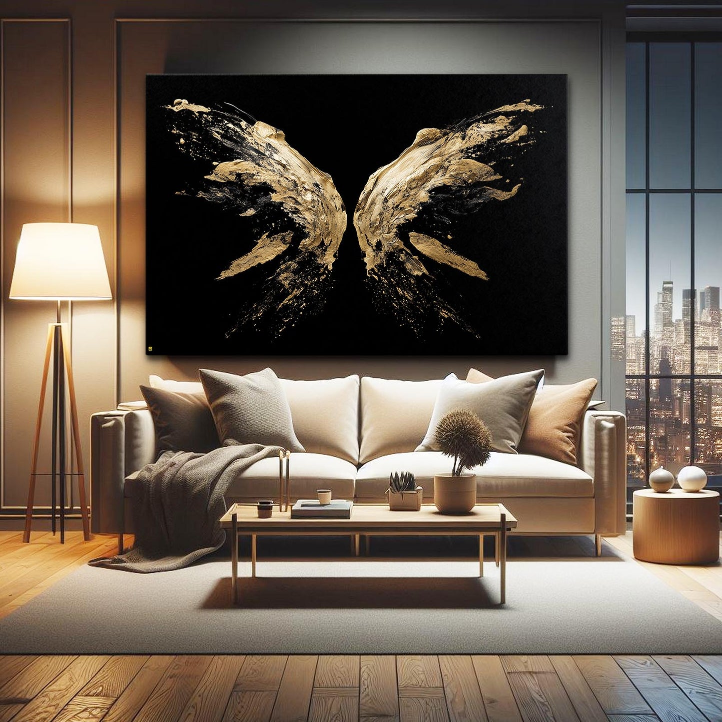 Wingspan Gold Burst Prints – styled in a furnished interior