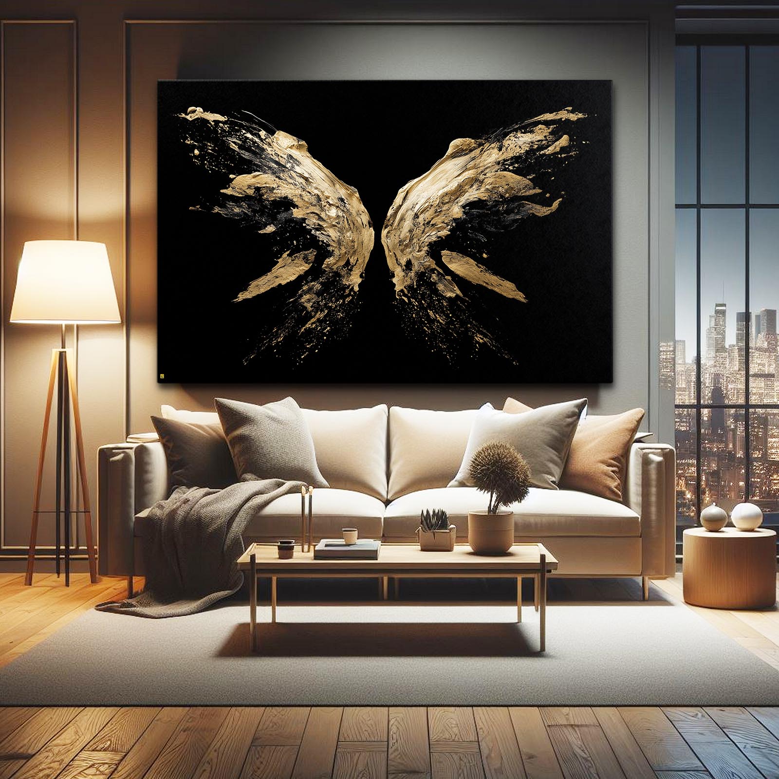 Wingspan Gold Burst Prints – styled in a furnished interior