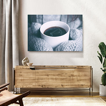 Winter Coffee Photography Print — photography canvas print, styled in a furnished interior