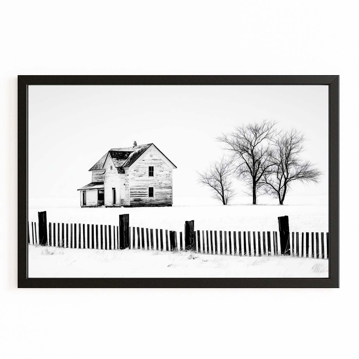 Winter Farmhouse Sketch Farmhouse Prints – with Premium Black frame on white background
