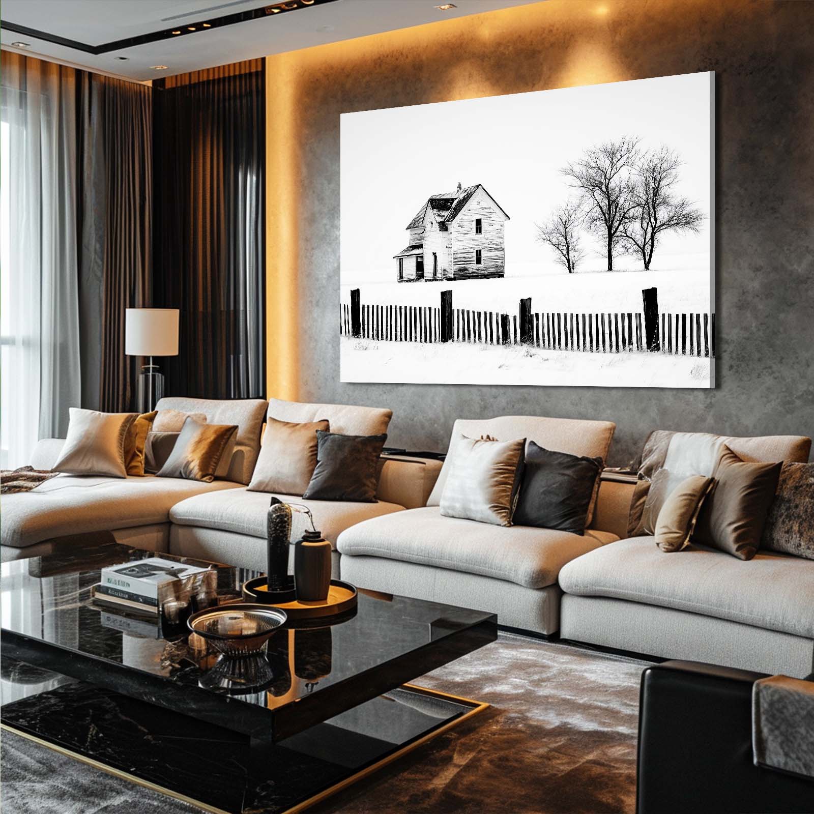 Winter Farmhouse Sketch Farmhouse Prints – styled in a furnished interior