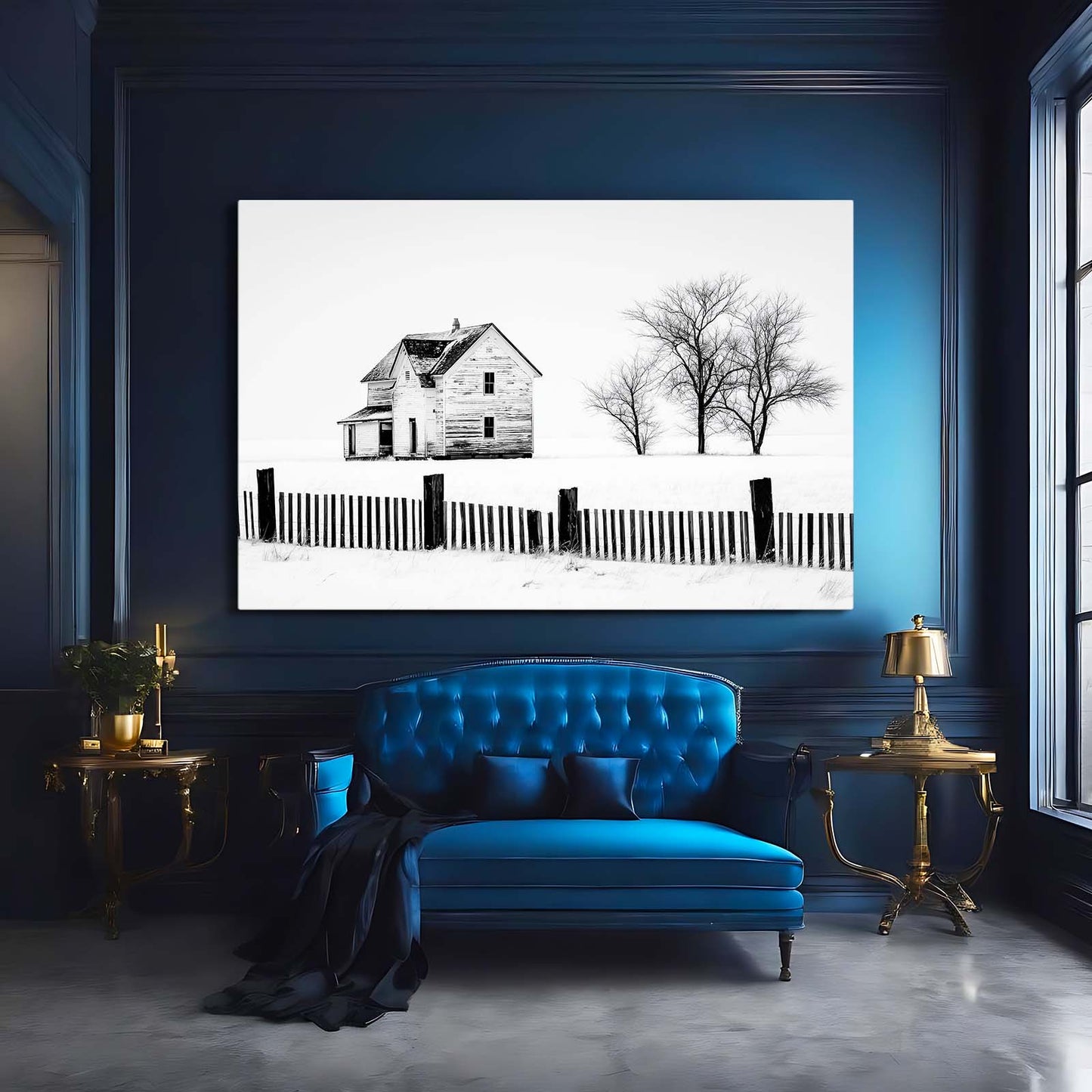 Winter Farmhouse Sketch Farmhouse Prints – styled in a furnished interior