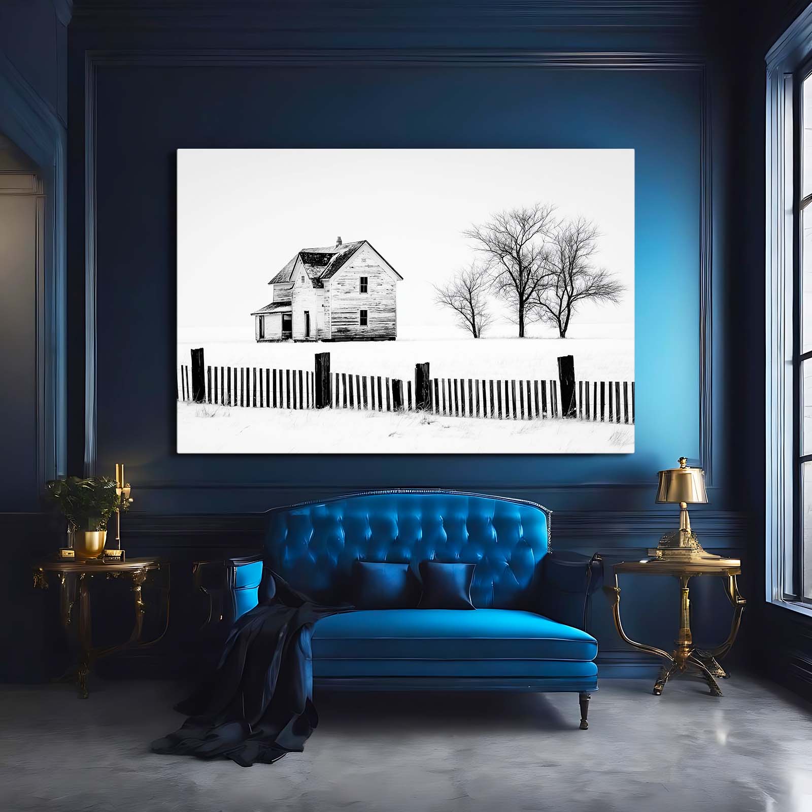 Winter Farmhouse Sketch Farmhouse Prints – styled in a furnished interior