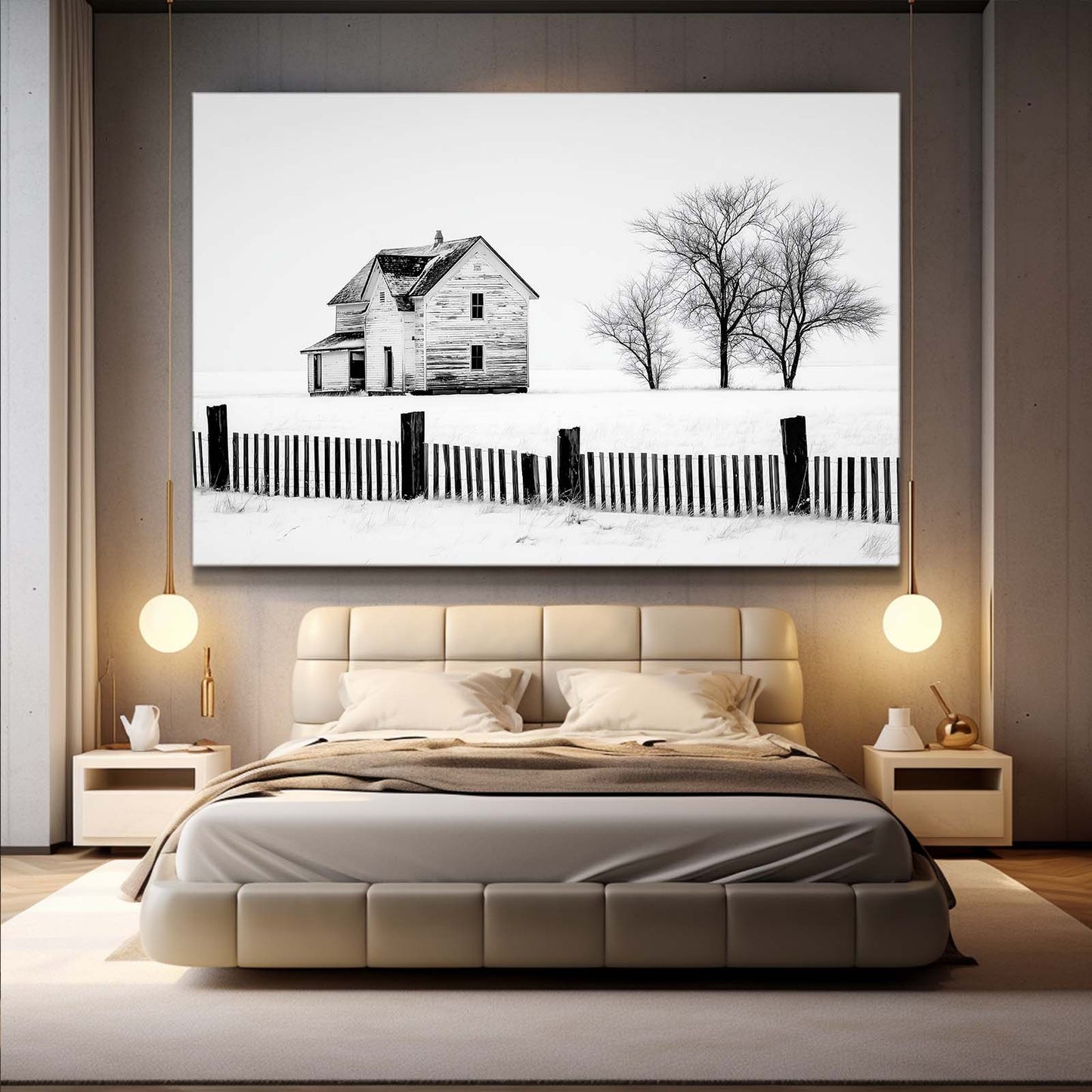 Winter Farmhouse Sketch Farmhouse Prints – styled in a furnished interior
