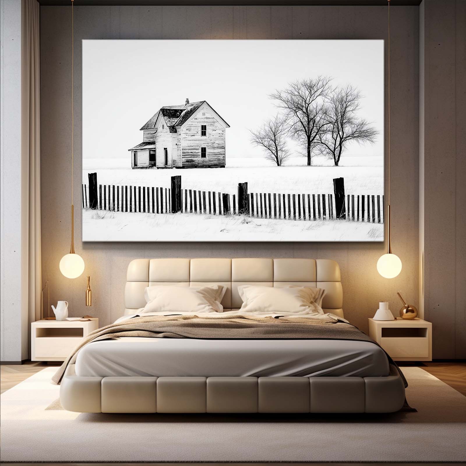 Winter Farmhouse Sketch Farmhouse Prints – styled in a furnished interior