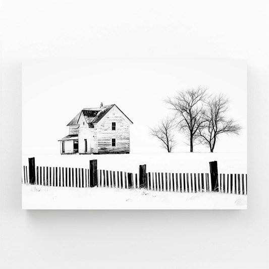 Winter Farmhouse Sketch Farmhouse Prints – angled canvas view on white background