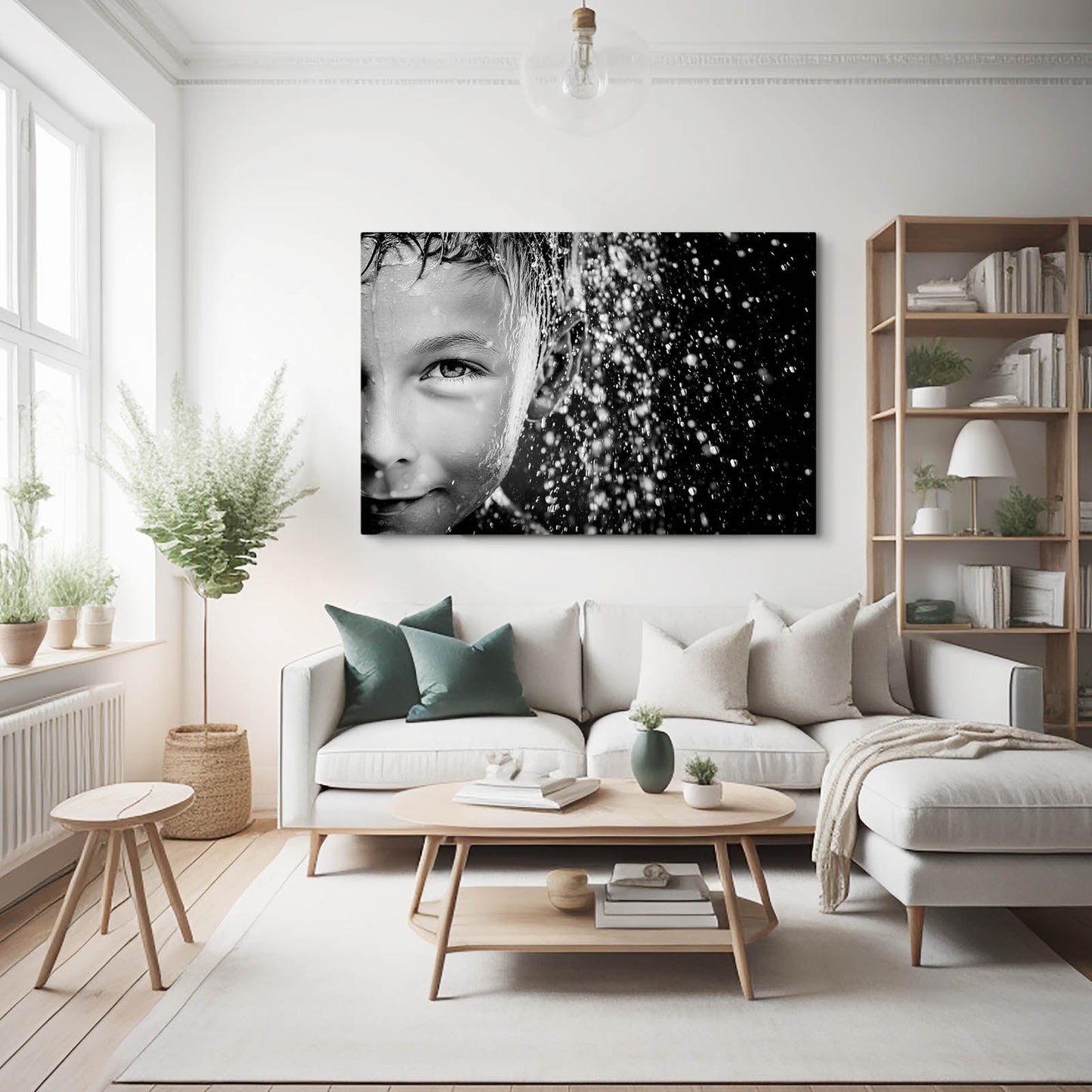 Winter Freckles Photography Canvas – above a white sofa in a scandi living room