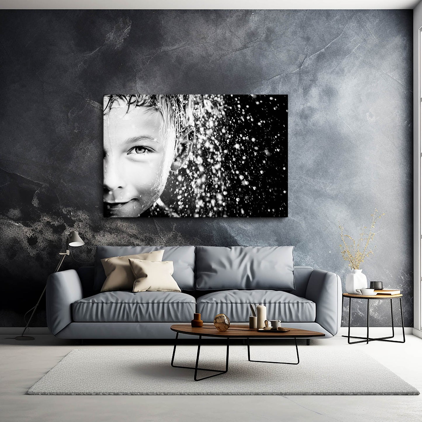 Winter Freckles Photography Canvas – above a grey sofa against a stormy dark wall