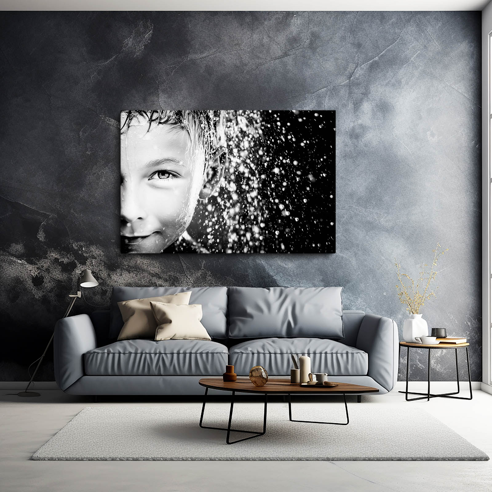 Winter Freckles Photography Canvas – above a grey sofa against a stormy dark wall