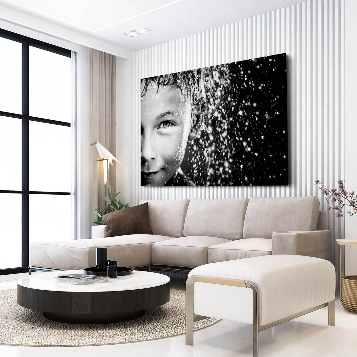 Winter Freckles Photography Canvas – above a cream sectional with black window frames