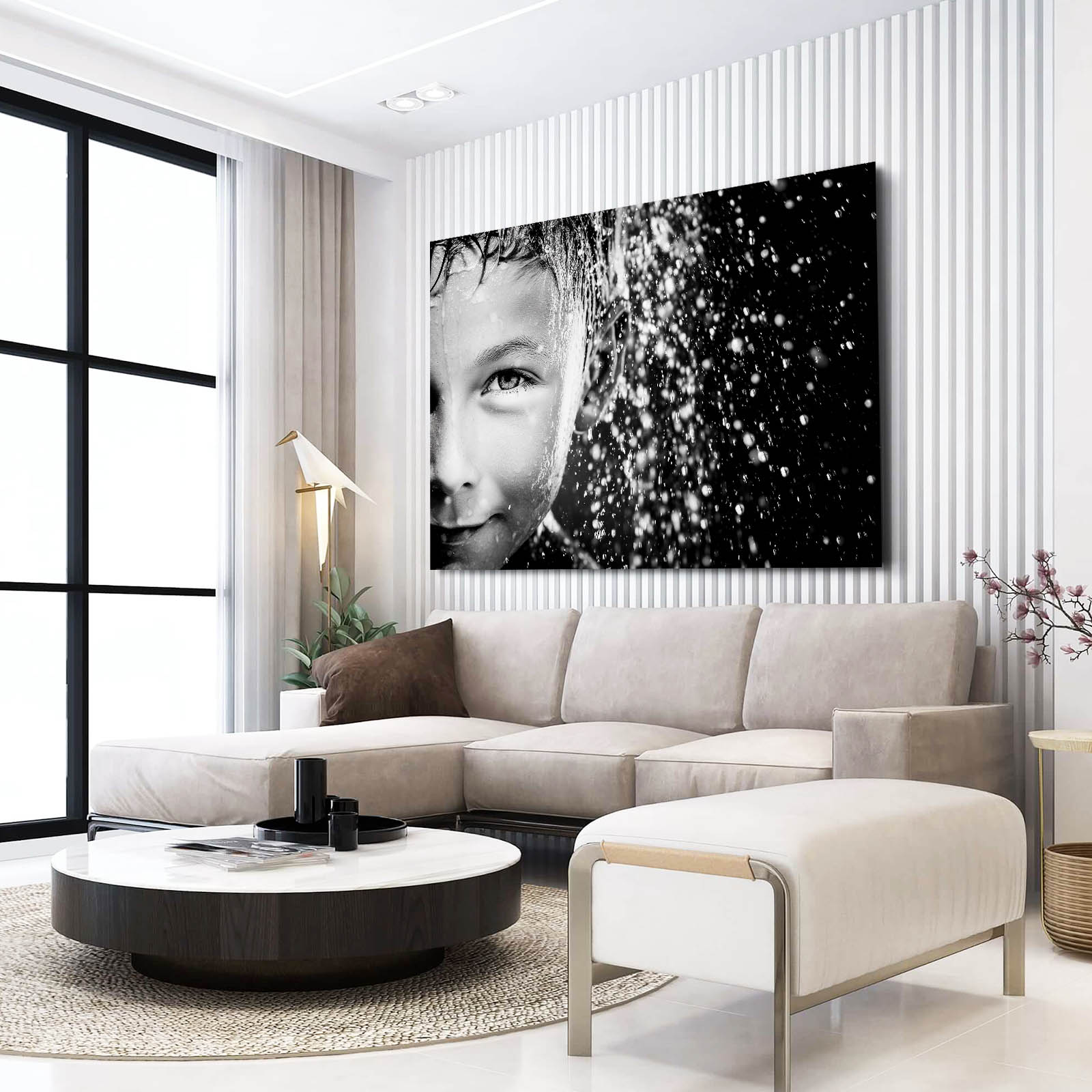 Winter Freckles Photography Canvas – above a cream sectional with black window frames