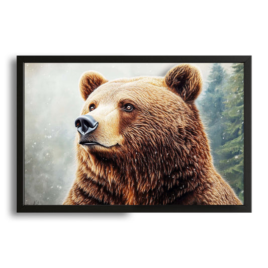 Winter Gaze Bear Art — contemporary canvas print in orange tones, with Premium Black frame on white background