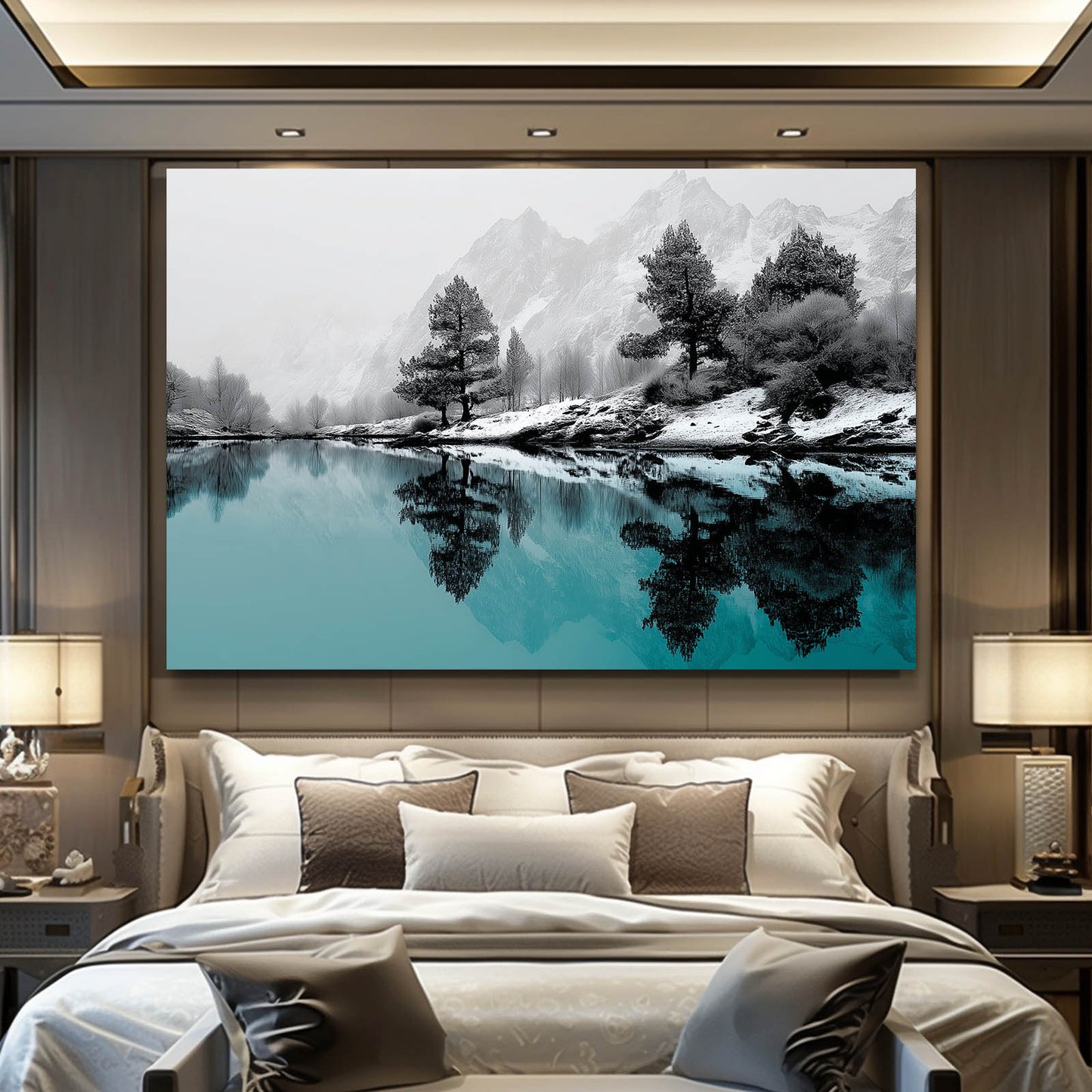 Winter Lake Reflection Photography Canvas Art – styled in a furnished interior