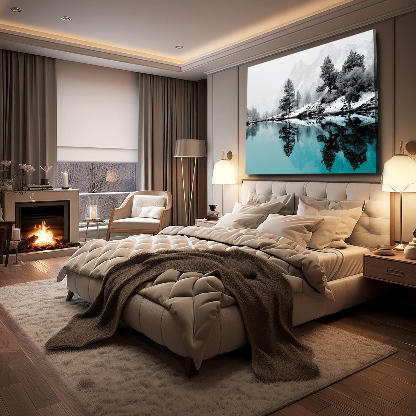 Winter Lake Reflection Photography Canvas Art – styled in a furnished interior