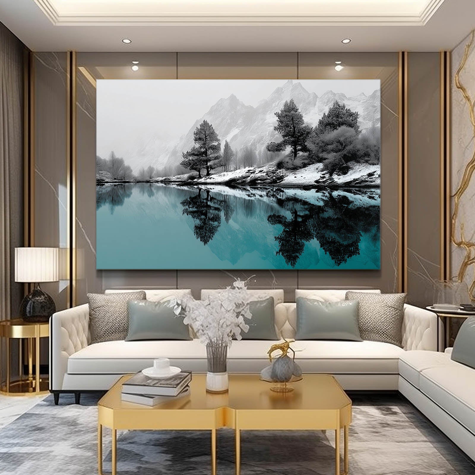 Winter Lake Reflection Photography Canvas Art – styled in a furnished interior