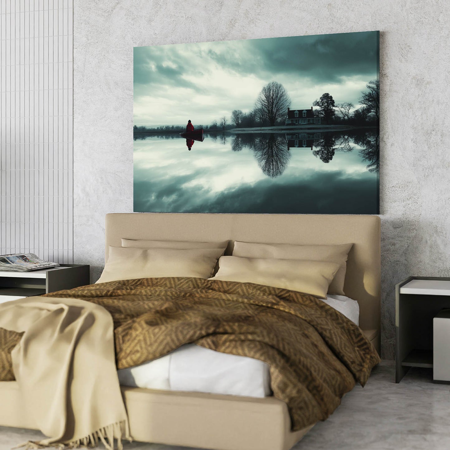 Winter Lake Trees Photography Canvas Art – styled in a furnished interior