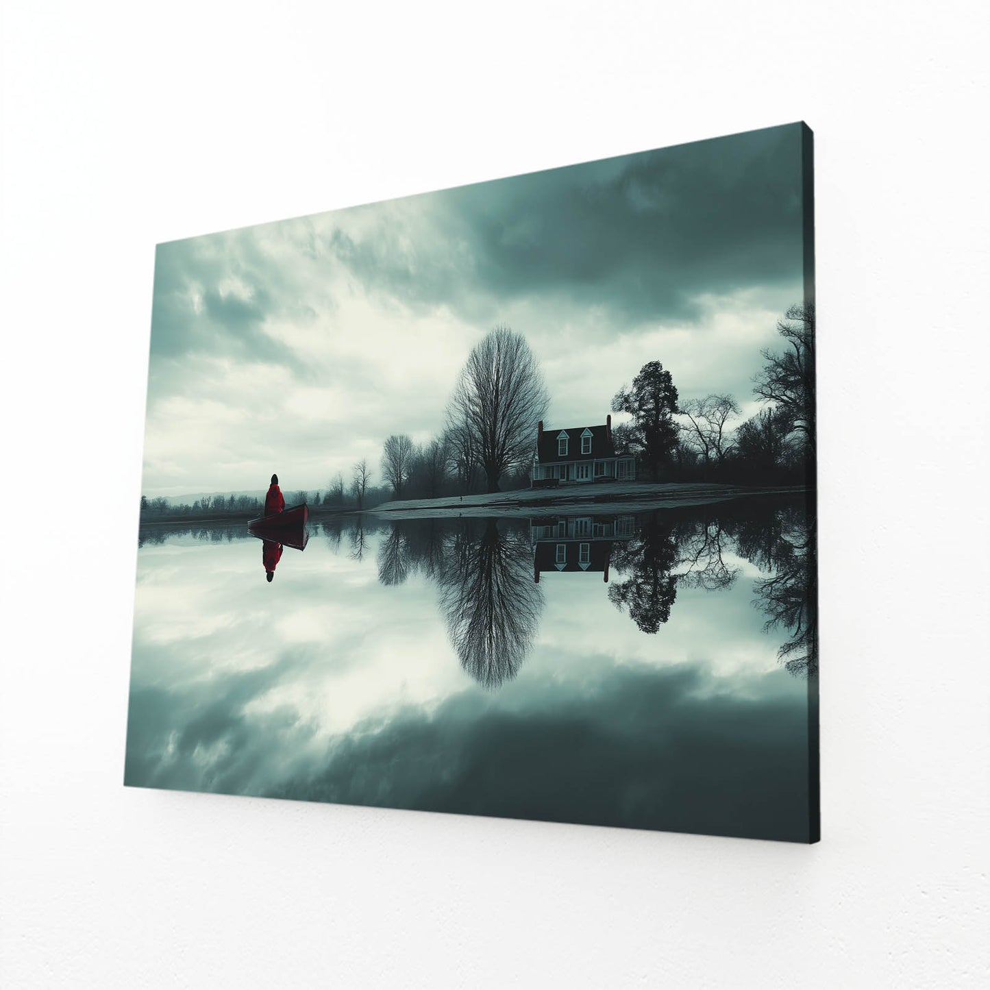 Winter Lake Trees Photography Canvas Art – angled canvas view on white background