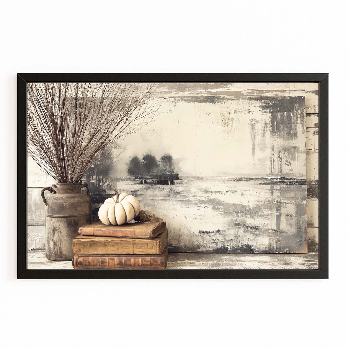 Winter Neutral Still Life Farmhouse Wall Art – with Premium Black frame on white background