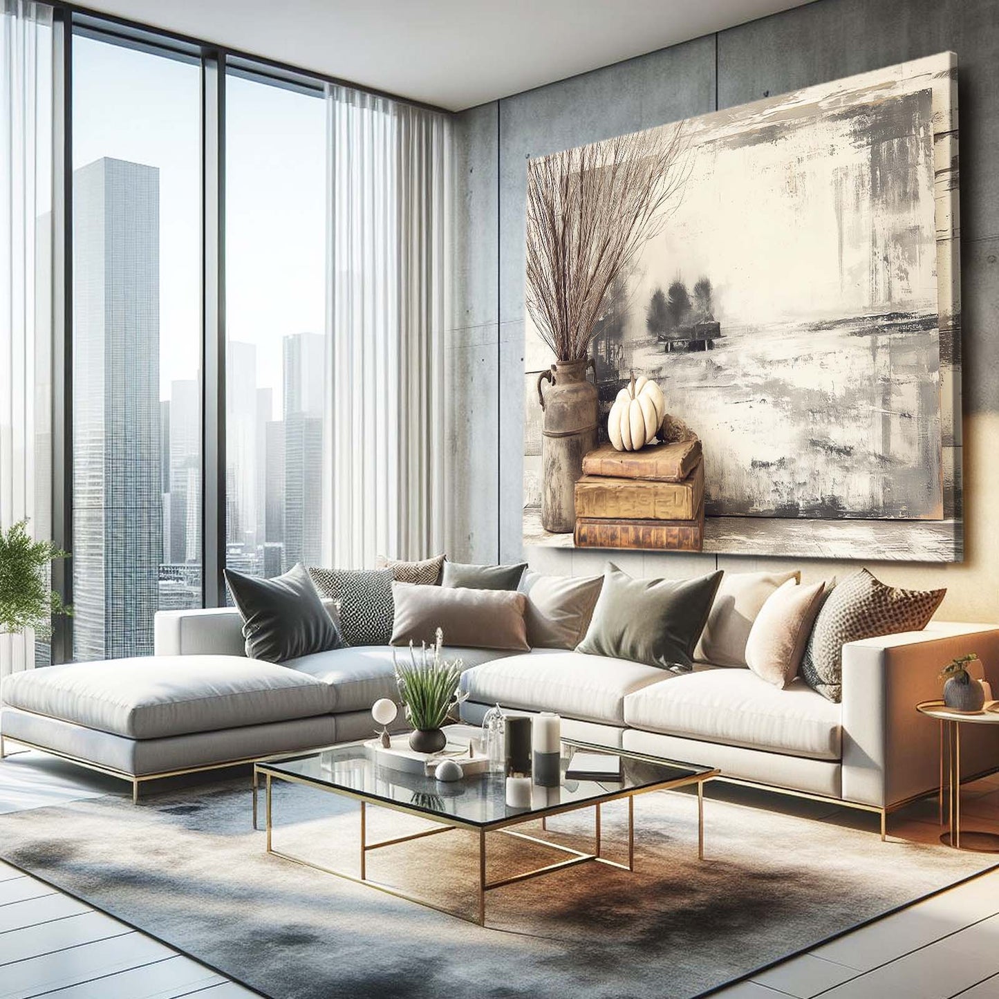 Winter Neutral Still Life Farmhouse Wall Art – styled in a furnished interior