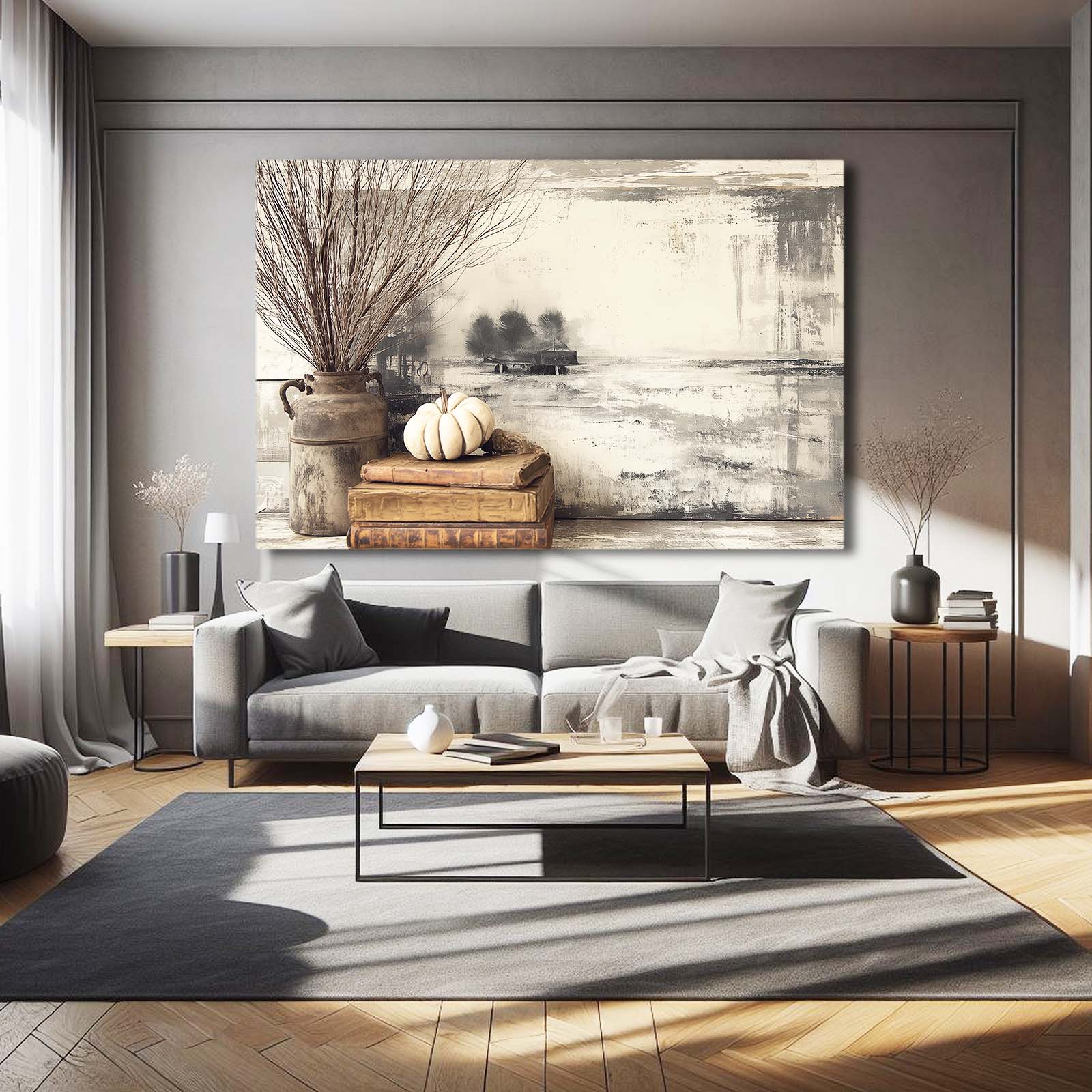 Winter Neutral Still Life Farmhouse Wall Art – styled in a furnished interior