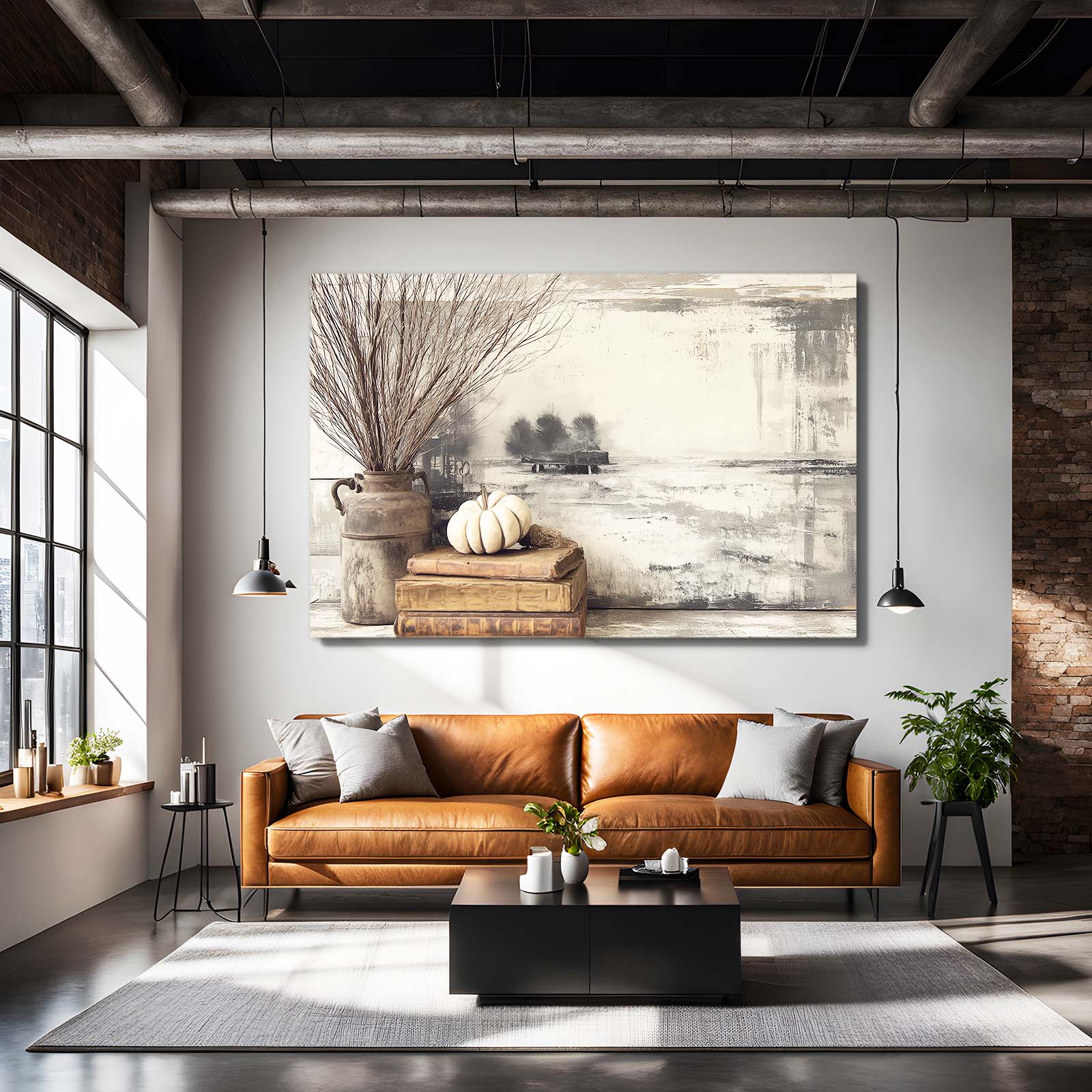 Winter Neutral Still Life Farmhouse Wall Art – styled in a furnished interior