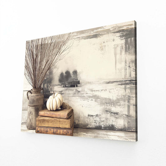 Winter Neutral Still Life Farmhouse Wall Art – angled canvas view on white background