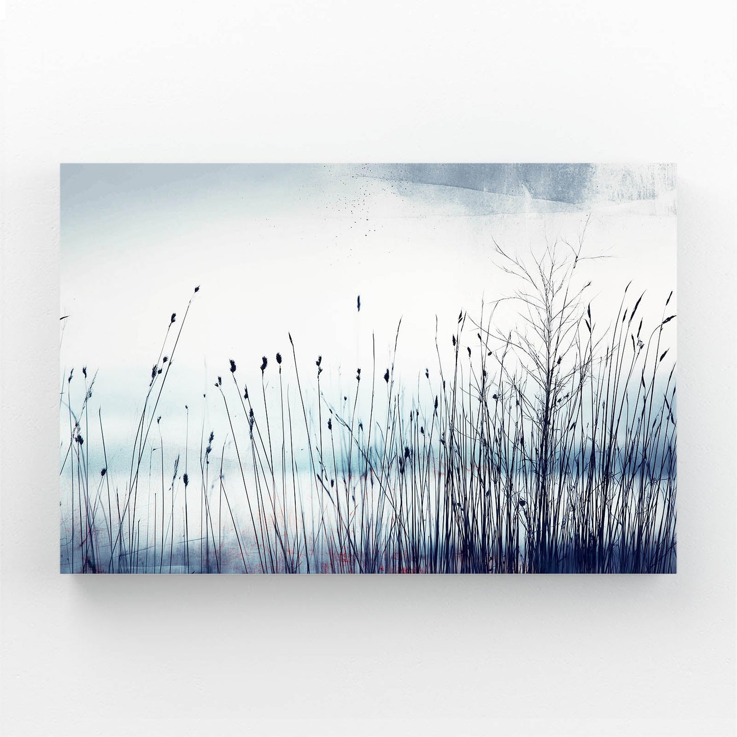 Winter Reeds Photography Wall Art – frosted reeds in soft blue winter mist