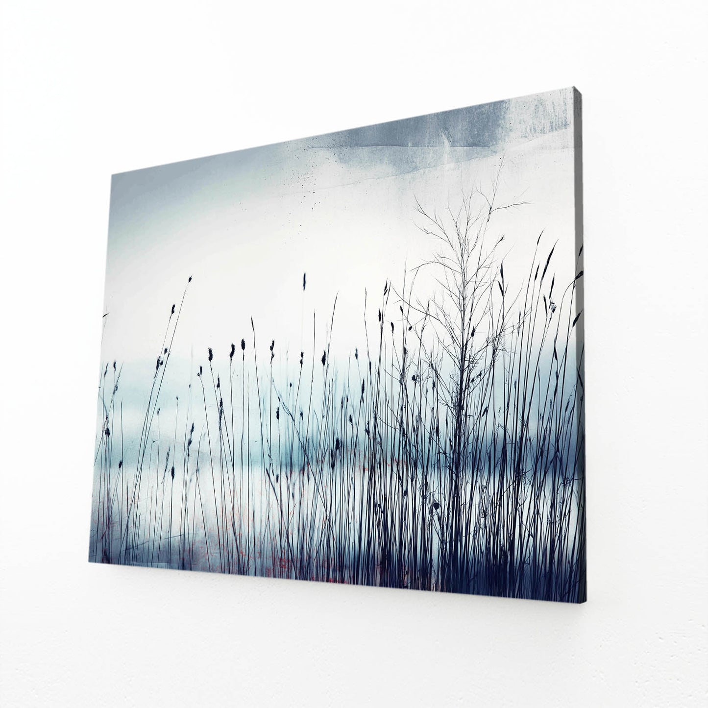 Winter Reeds Silhouette Photography Art – angled canvas view on white background