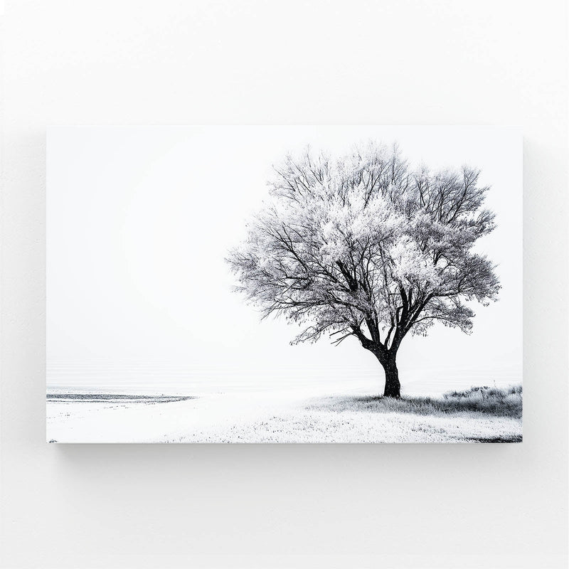 Winter Tree Photography Print – lone bare tree in a snow-white minimalist field