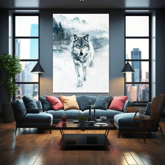 Winter Wolf Attack Art — landscape canvas print in white tones, view 3