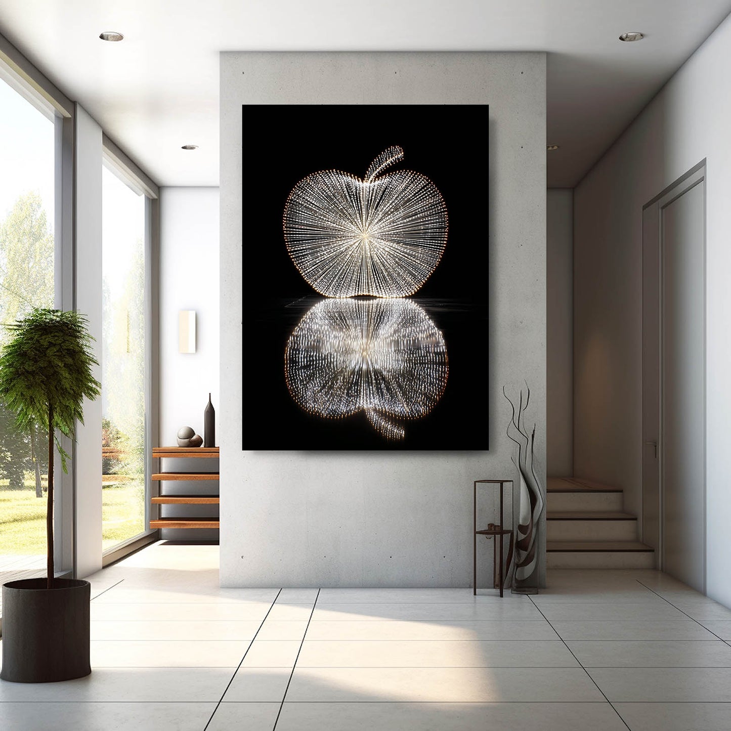 Wireframe Light Apple Canvas Art – styled in a furnished interior