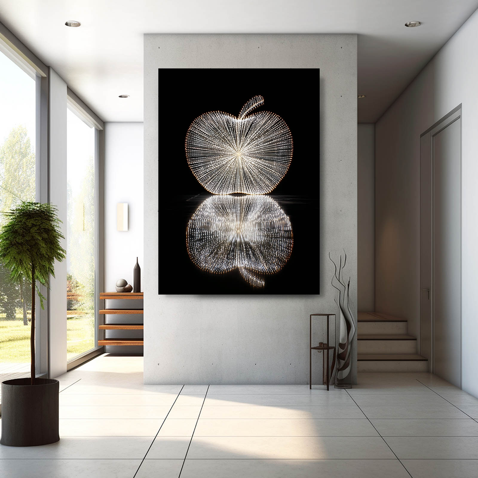 Wireframe Light Apple Canvas Art – styled in a furnished interior