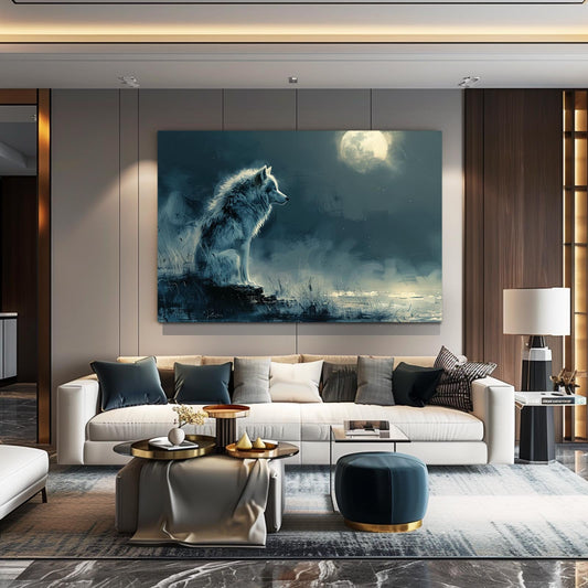 Wolf And Moon Wall Art — digital canvas print in blue tones, view 3