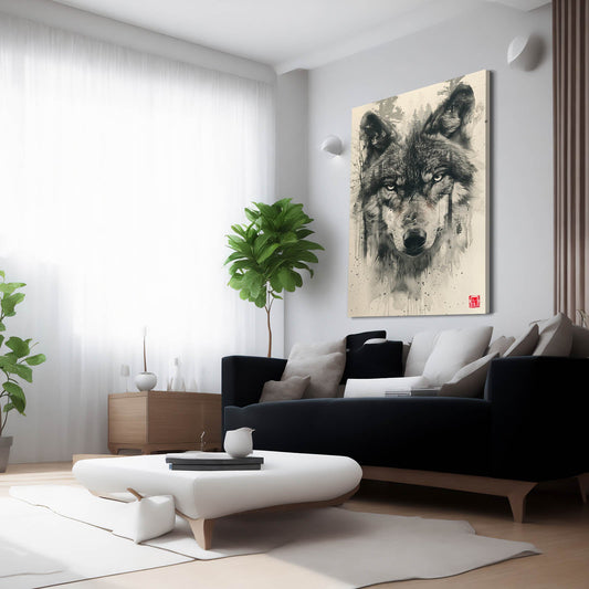 Wolf Art Line Drawing — nature canvas print in white tones, view 3