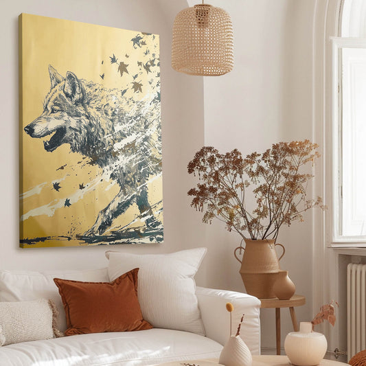 Wolf Illustration Art — nature canvas print in gold tones, view 3