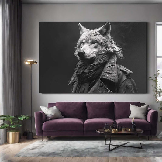 Wolf Modern Art — 3d canvas print in gray tones, view 3