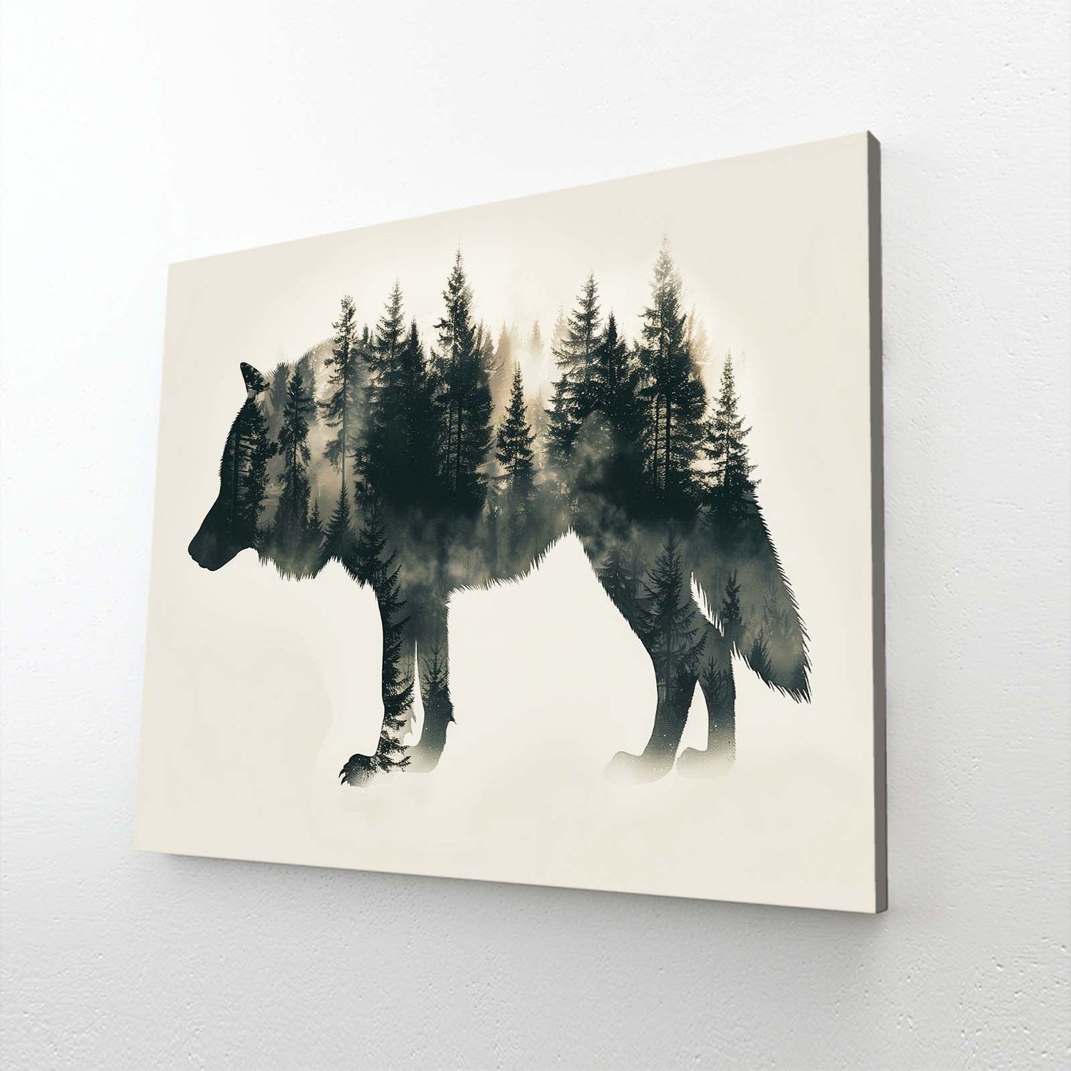 Wolf Shadow Art — nature canvas print in white tones, angled canvas view on white background