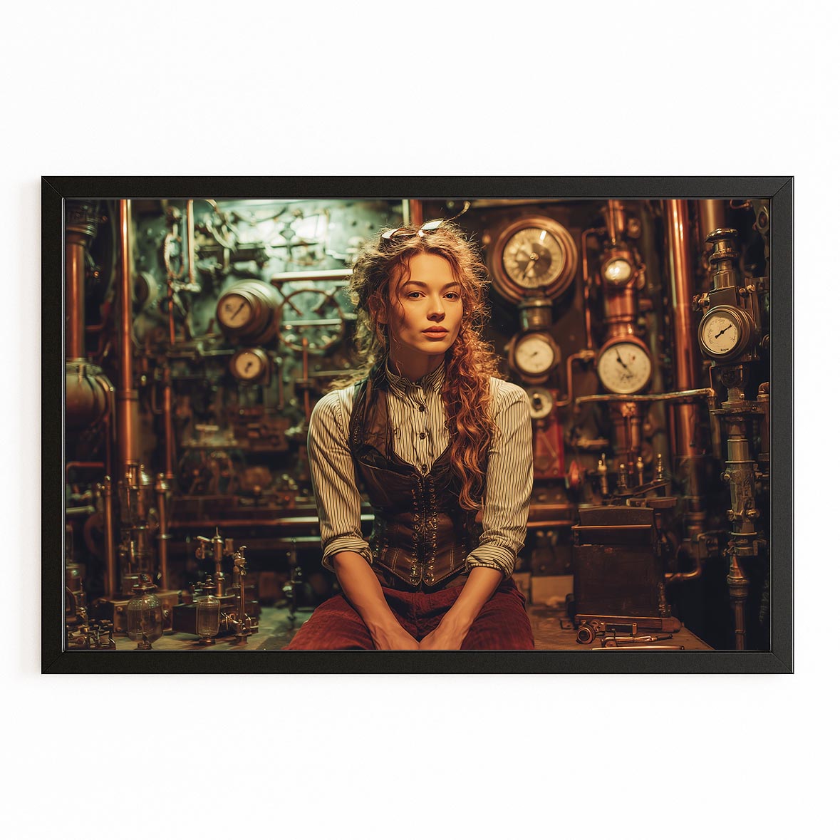 Woman Engineer Portrait Steampunk Canvas Art – with Premium Black frame on white background