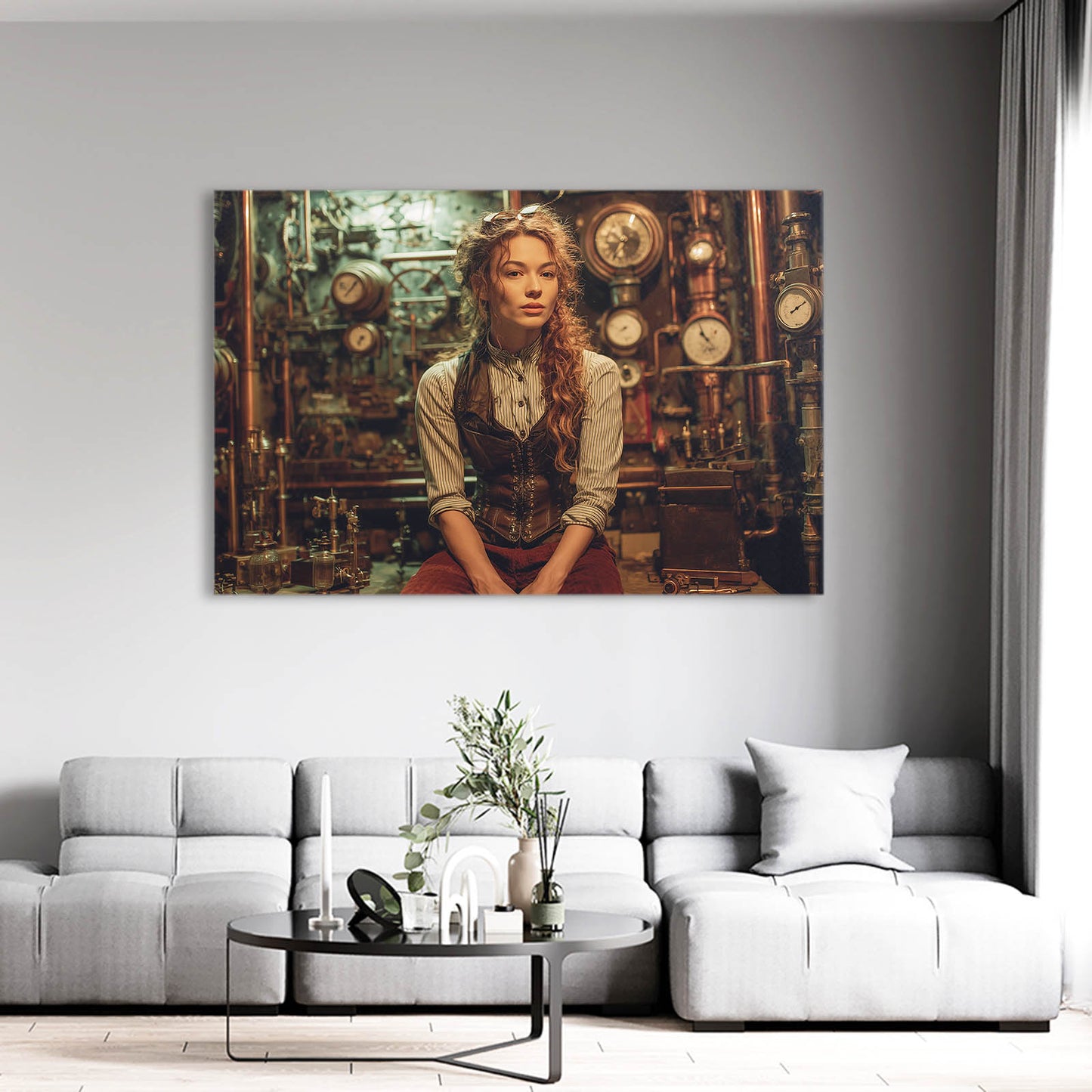 Woman Engineer Portrait Steampunk Canvas Art – styled in a furnished interior