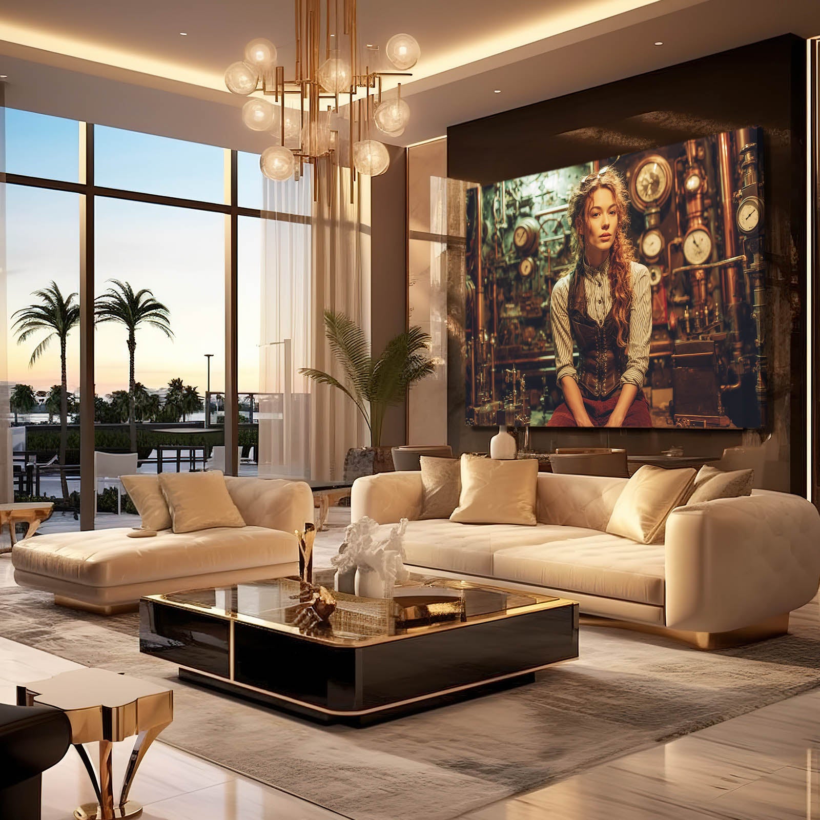 Woman Engineer Portrait Steampunk Canvas Art – styled in a furnished interior