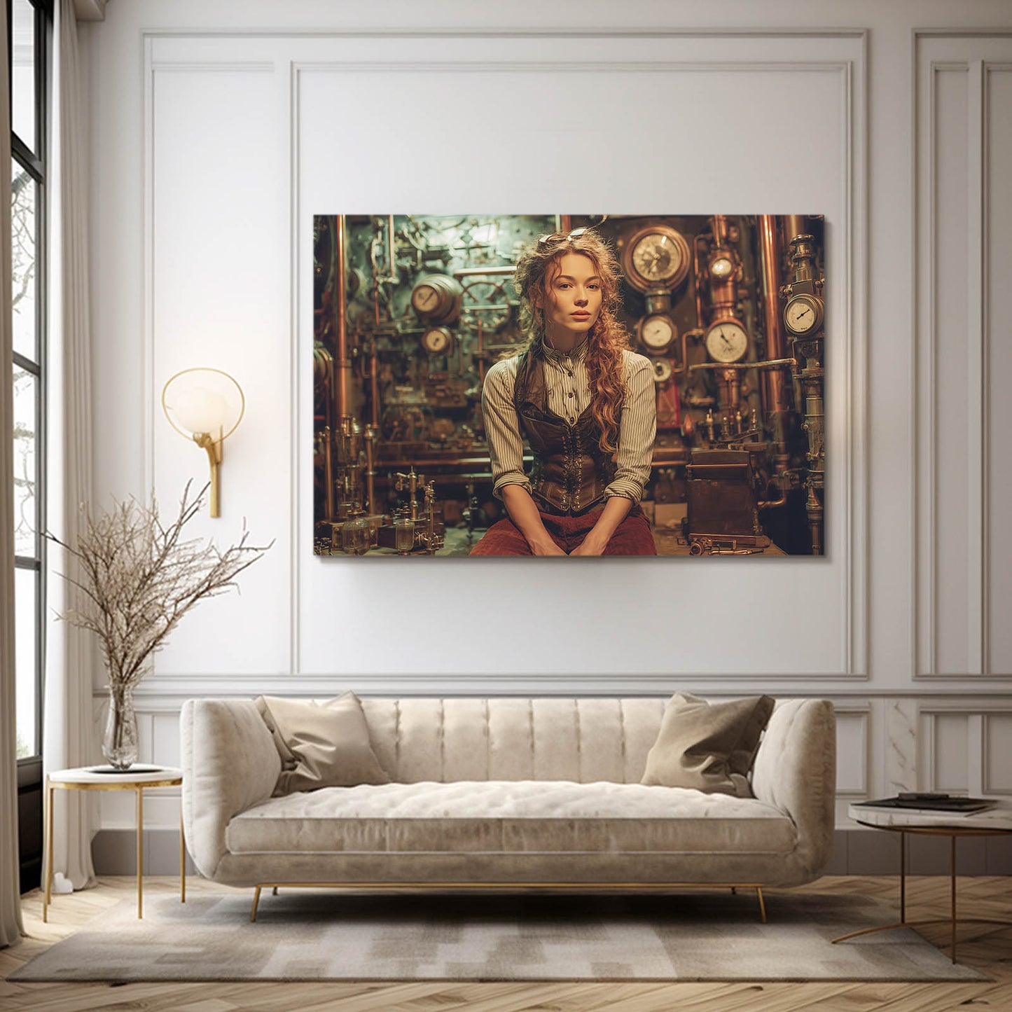 Woman Engineer Portrait Steampunk Canvas Art – styled in a furnished interior