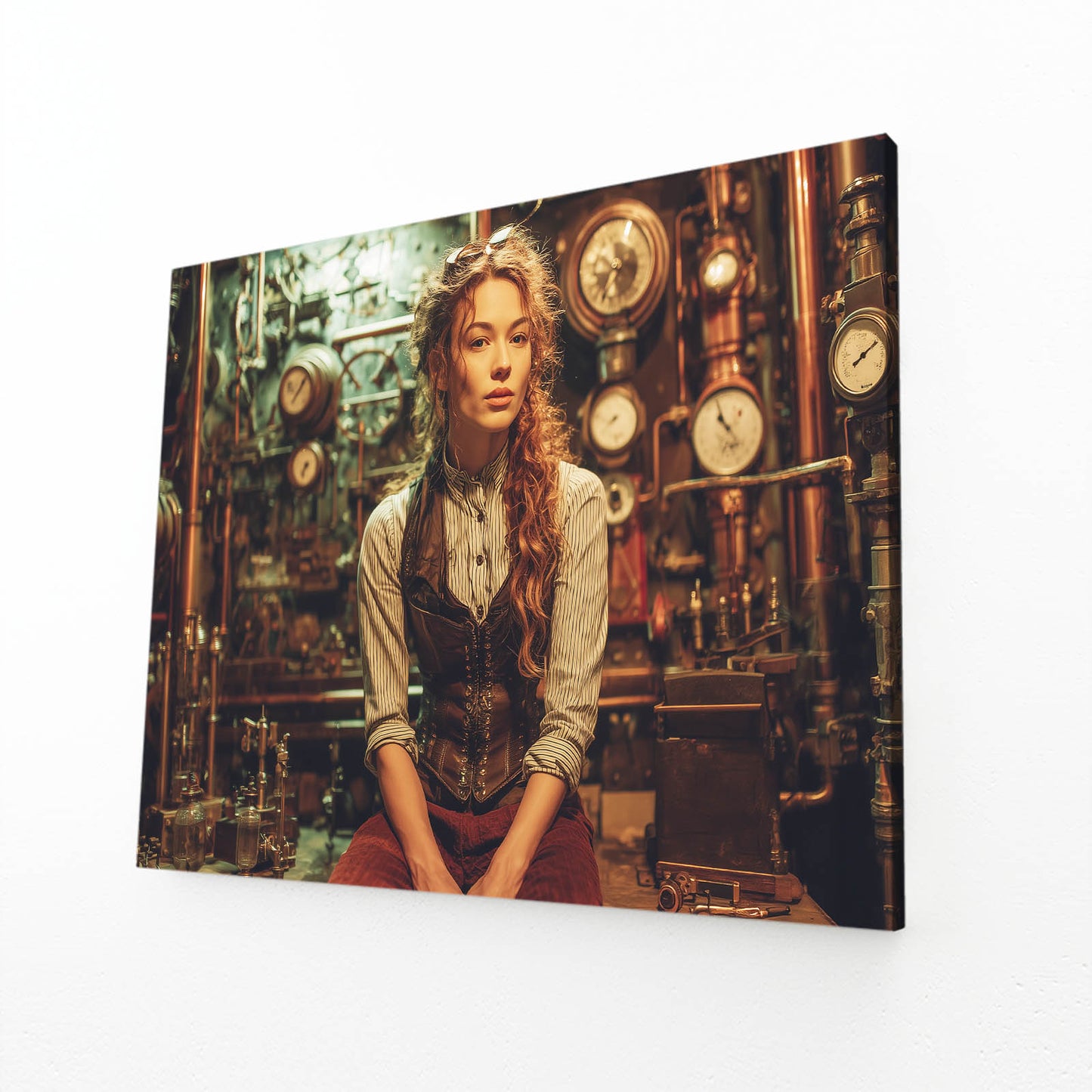 Woman Engineer Portrait Steampunk Canvas Art – angled canvas view on white background